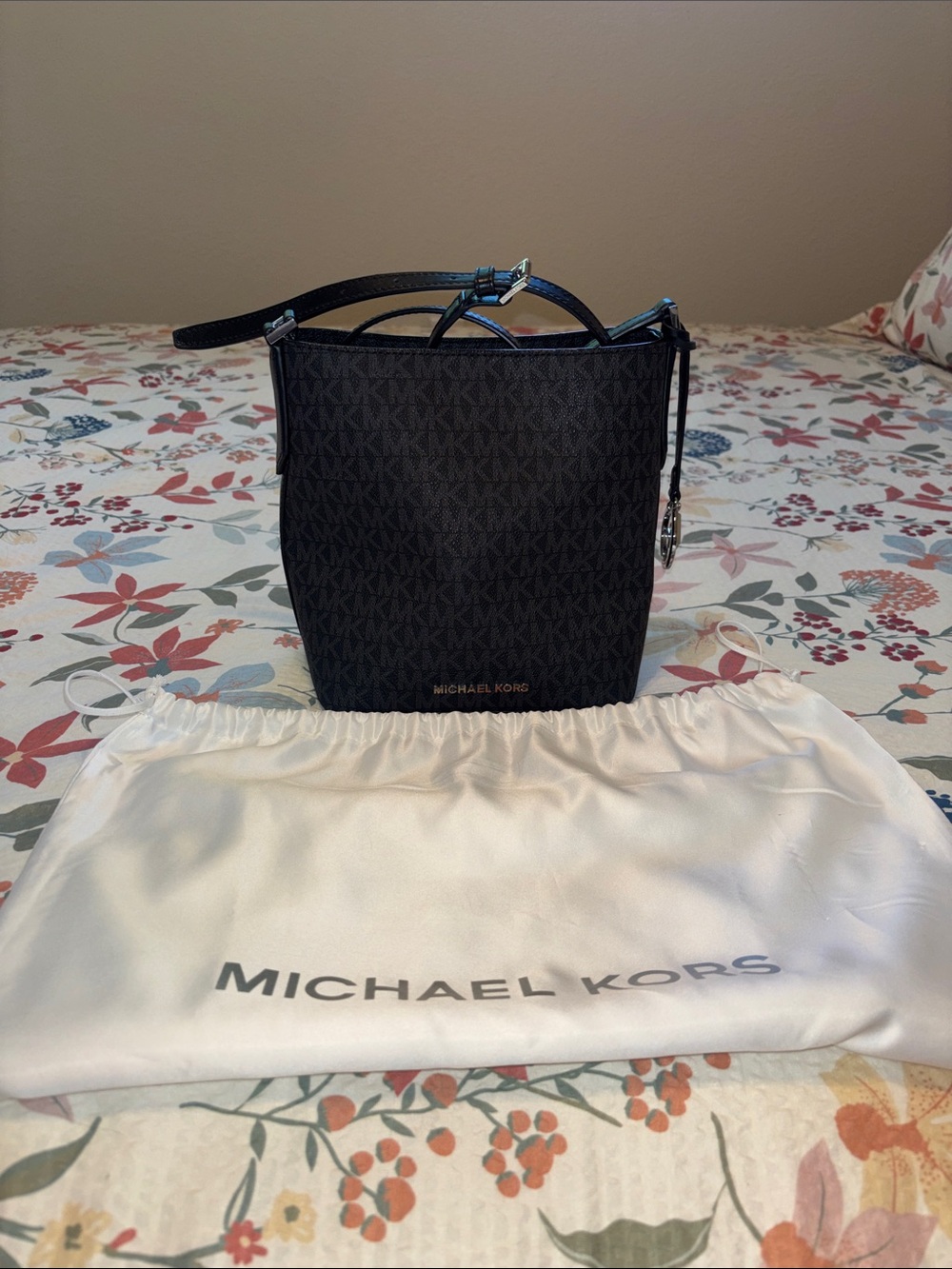 Michael Kors Black MK Signature Crossbody Bucket Bag